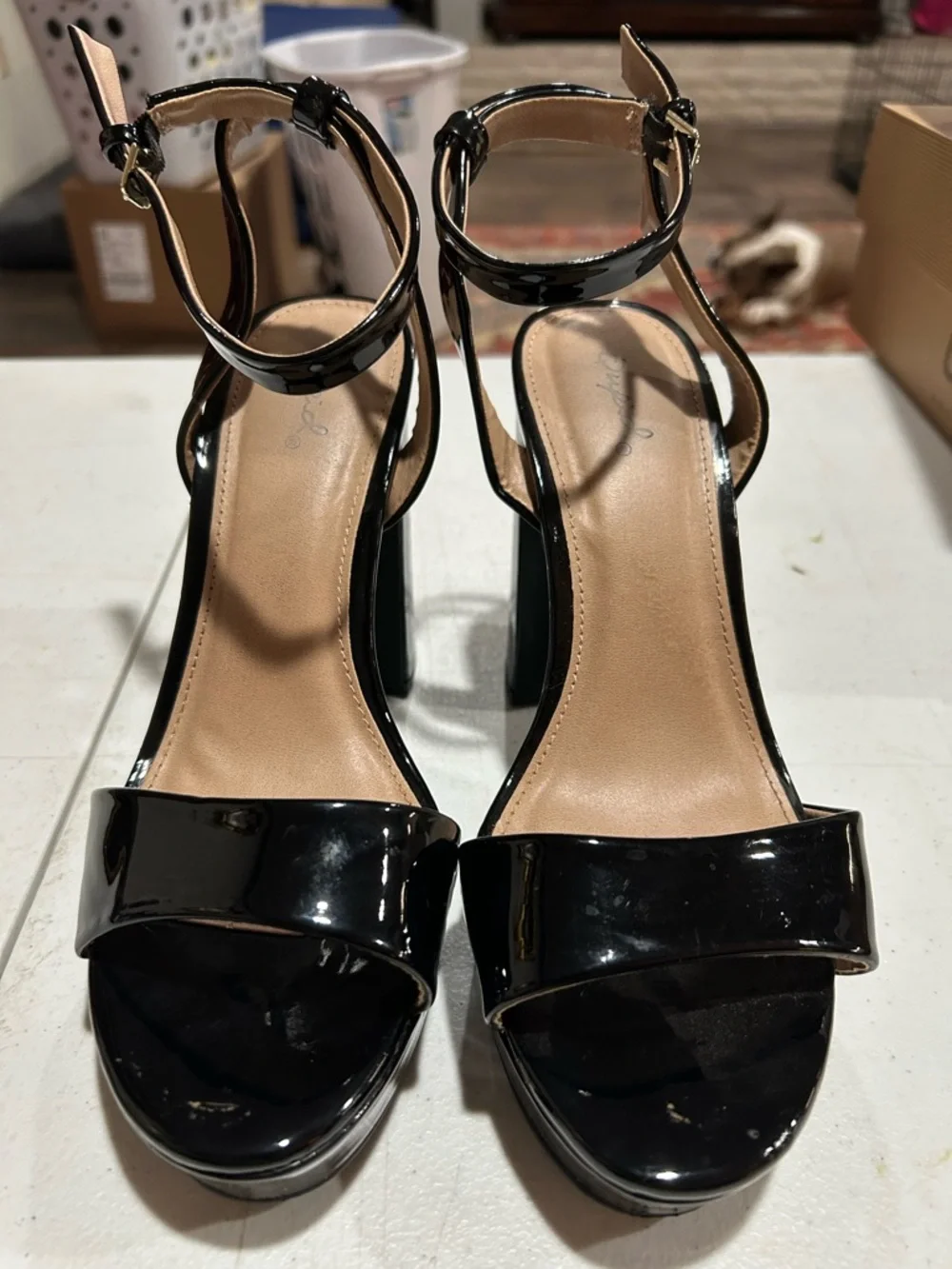 Patent Black Ankle-Strap Block Heel Sandals
